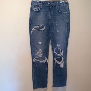 LOVERS + FRIENDS REVOLVE High Waist Distressed Raw Hem Straight Legs Jeans